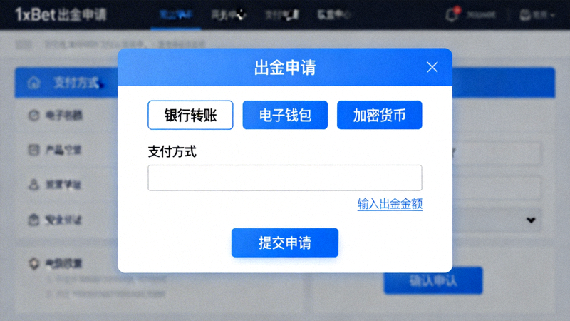 1xbet 出金申請頁面截圖，顯示選擇支付方式與輸入金額的介面