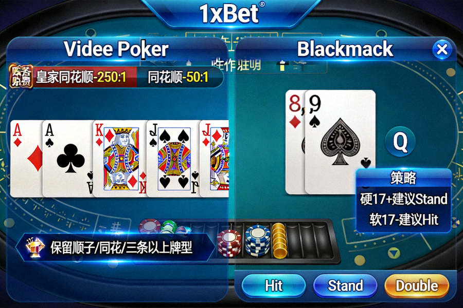 1xbet 電子版 Video Poker 與 Blackjack 遊戲畫面，附帶策略提示點說明