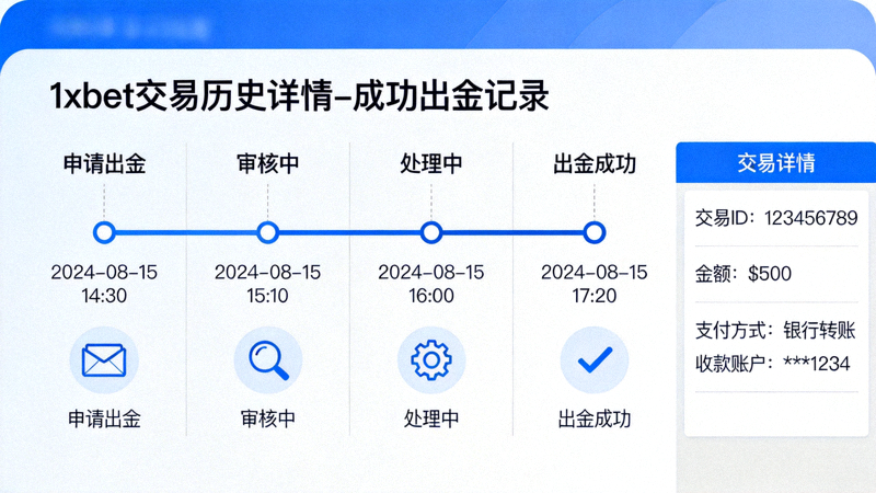 1xbet 交易歷史詳情頁面，顯示一筆成功出金記錄的完整時間軸與狀態