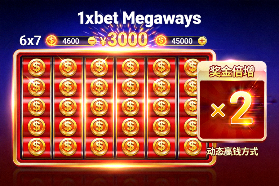 1xbet Megaways 類型遊戲界面，展示動態贏錢方式與獎金倍增機制