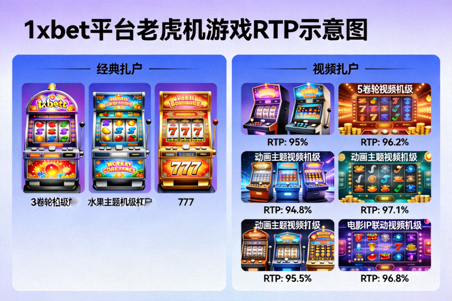1xbet 平台上各類經典與視頻老虎機遊戲畫面展示與 RTP 標註示意圖