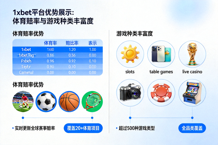 1xbet 平台在體育賠率和遊戲種類豐富度上的優勢展示圖