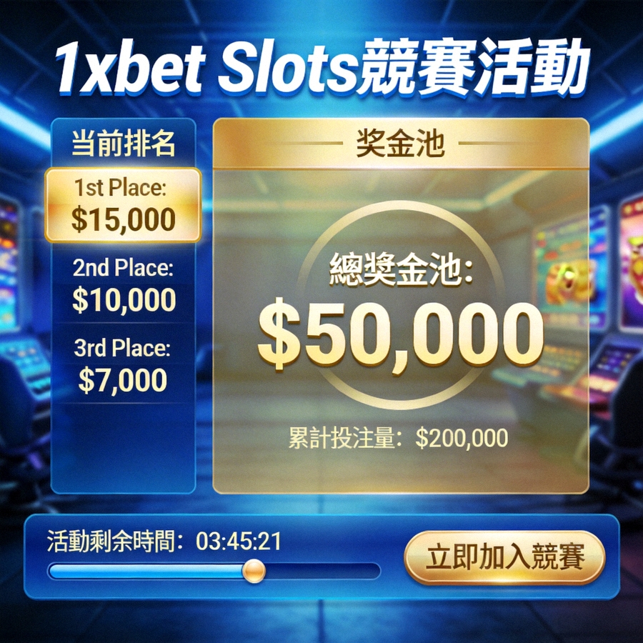 1xbet Slots 競賽活動界面展示，包含排名與獎金池資訊