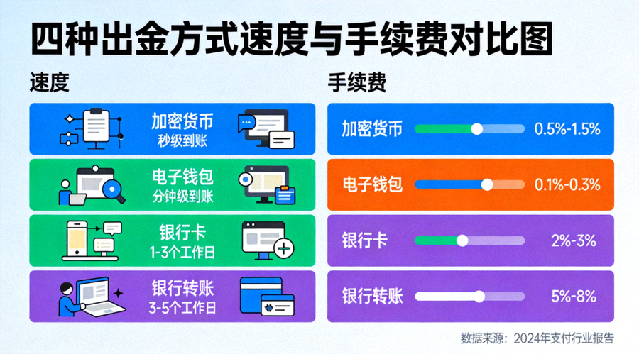 比較加密貨幣、電子錢包、銀行卡和銀行轉帳四種出金方式在速度和手續費上的差異圖表