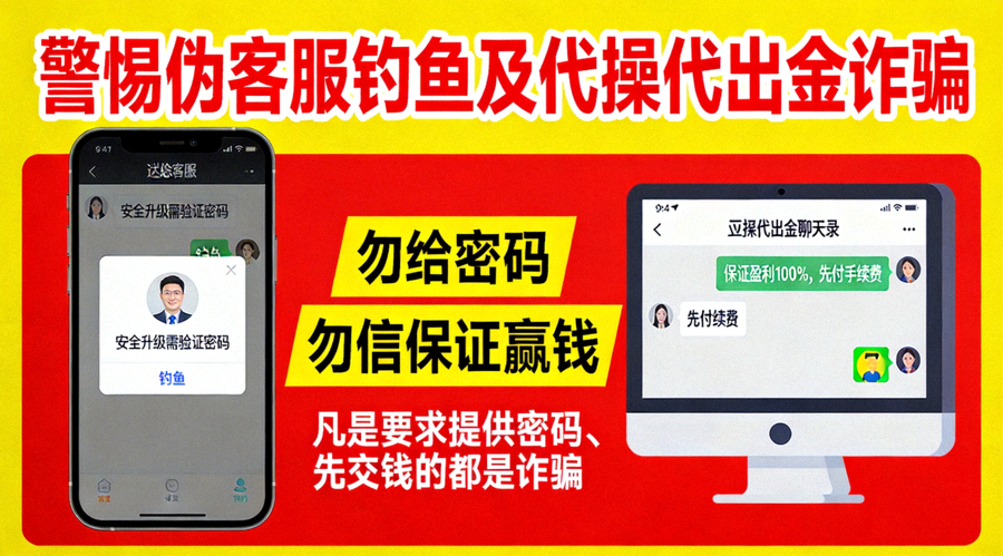 警示偽客服釣魚和代操代出金詐騙手法的宣傳圖，包含勿給密碼、勿信保證贏錢等標語