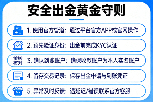 列出五條安全出金黃金守則的資訊圖卡，包含使用官方管道、預先驗證等要點