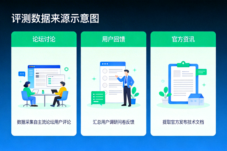 展示評測數據來源包括論壇討論、用戶回饋和官方資訊的示意圖